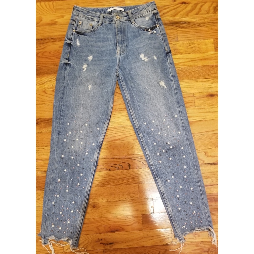 Zara high waisted distressed jeans w pearl detail